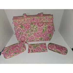 4 Pc Vera Bradley Pink Floral Bag With Makeup Bag , Glasses Case